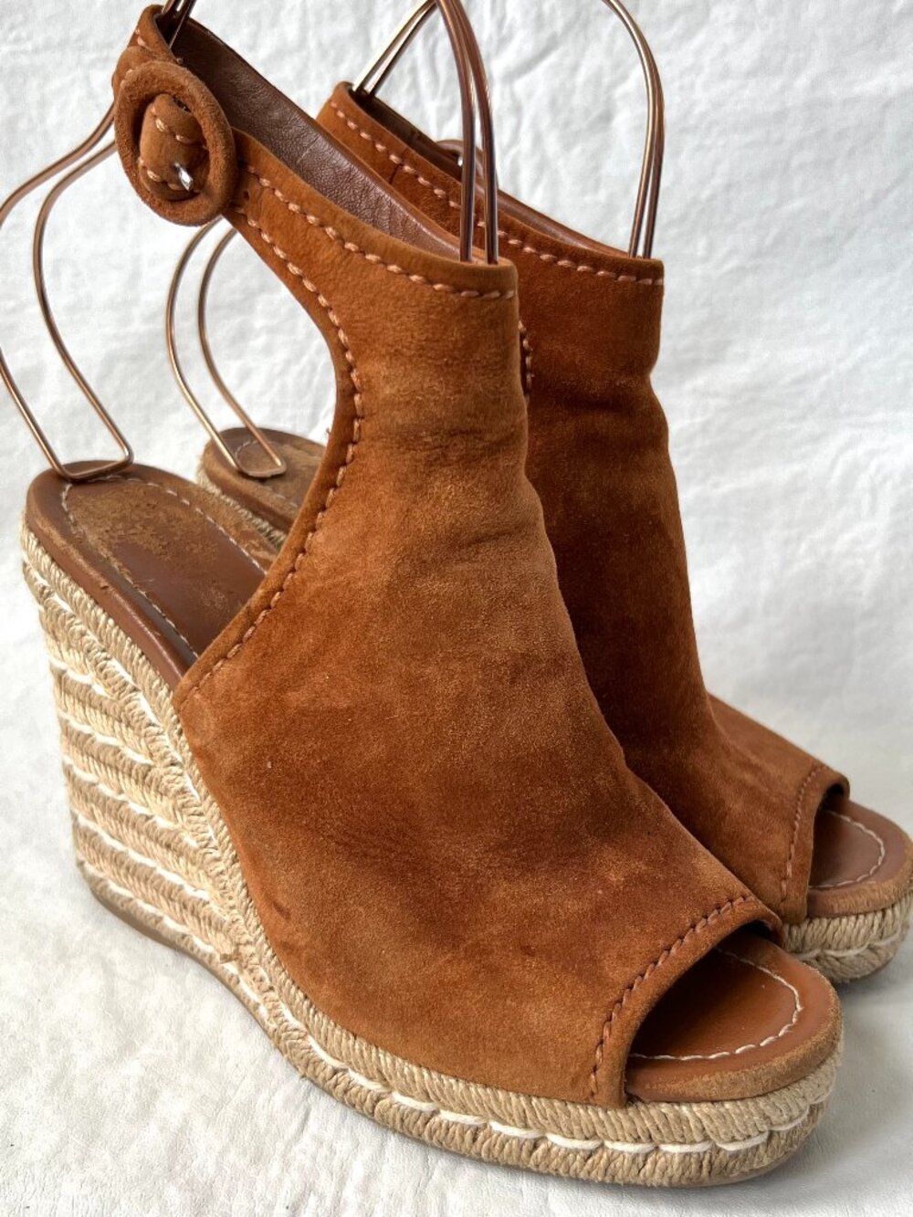 Prada sandals tobacco brown suede 120mm espadrille wedge 38 8 round buckle